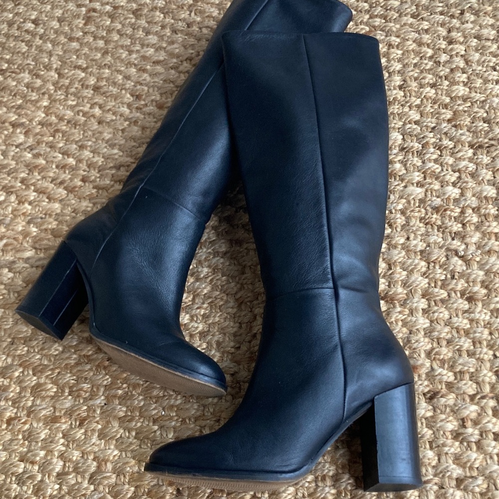 by Anthropologie Tall Black Leather Block Heel Boots. Size 7